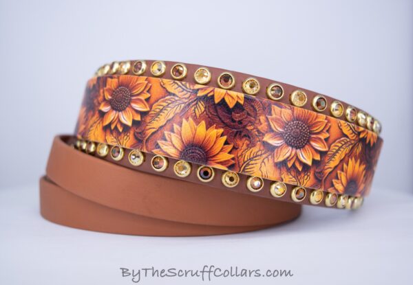 14-17" Carved Leather Sunflowers UV Print/Mocha Brown 1.5" French Martingale w/Brass Hardware