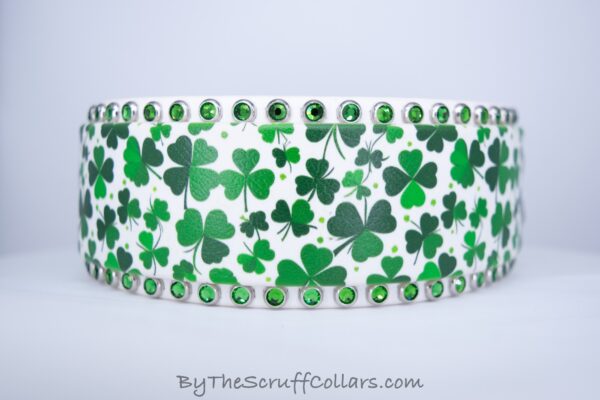 13-15" Green Clovers UV Print/White 2" w/Nickel Hardware 1.5" Buckle