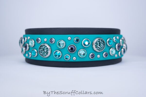 12.5-14.5" Cascade Animal Print 1.5" collar Teal/Black w/Nickel Hardware 1" Buckle