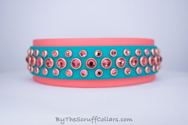 13.5-15.5" Mini Tris 1.5" collar Teal/Coral w/Rose Gold Hardware 1" Buckle