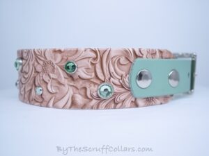 13.5-15.5" Carved Leather Natural 1.5" UV Print/Sage w/Nickel Hardware 1" Taper