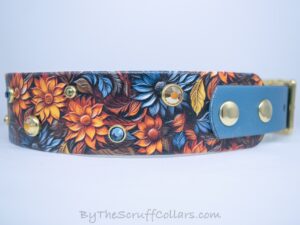 16.5-18.5" Carved Leather Gardenia 1.5" UV Print/Petrol Blue w/Brass Hardware 1" Taper