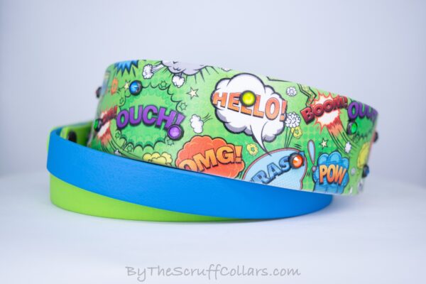 18-21" Comic Pop Green UV Print/Azure & Lime 1.5" French Martingale w/Black Hardware 1" taper