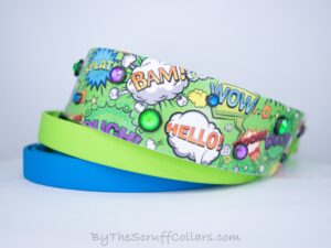 16-19" Comic Pop Green UV Print/Lime & Azure 1.5" French Martingale w/Black Hardware 1" taper