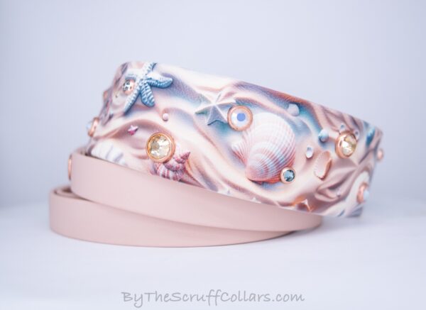 14-17" Seashells & Starfish UV Print/Tan 1.5" French Martingale w/Rose Gold Hardware 1" taper