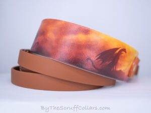 14.5-17.5" Dragon Watch UV Print/Caramel Brown 1.5" French Martingale w/Brass Hardware 1" taper