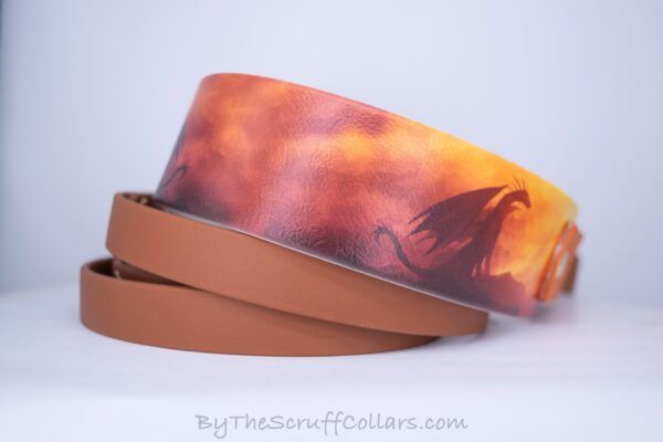 14.5-17.5" Dragon Watch UV Print/Caramel Brown 1.5" French Martingale w/Brass Hardware 1" taper