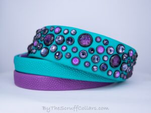15.5-18.5" Chaos 1.5" Teal/Violet Grippy Handle French Martingale w/Black Hardware 1" taper