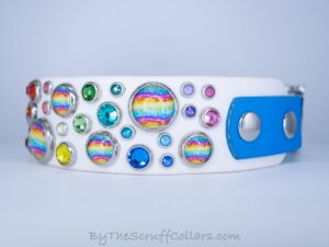 12-14" Rainbow Tie Dye Marina 1.5" Two-Tone Collar White/Azure Blue w/Nickel Hardware 1" Taper