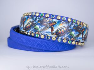 12.5-15.5" Sea Turtles2  UV Print/Royal Blue 1.5" French Martingale w/Brass Hardware 1" taper