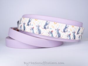 15.5-18.5" Grey Mice UV Print/Lavender 1.5" French Martingale w/Rose Gold Hardware 1" taper
