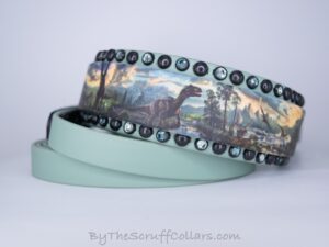 12.5-15.5" Jurassic Park UV Print/Sage 1.5" French Martingale w/Black Hardware 1" taper