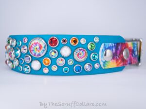 15.5-17.5" Circus 1.5" Two-Tone Collar Turquoise/Tie Dye Classic UV Print w/Nickel Hardware 1" Taper