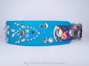 13-15" Nemo 1.5" Two-Tone Collar Turquoise/Rainbow Fish UV Print w/Nickel Hardware 1" Taper